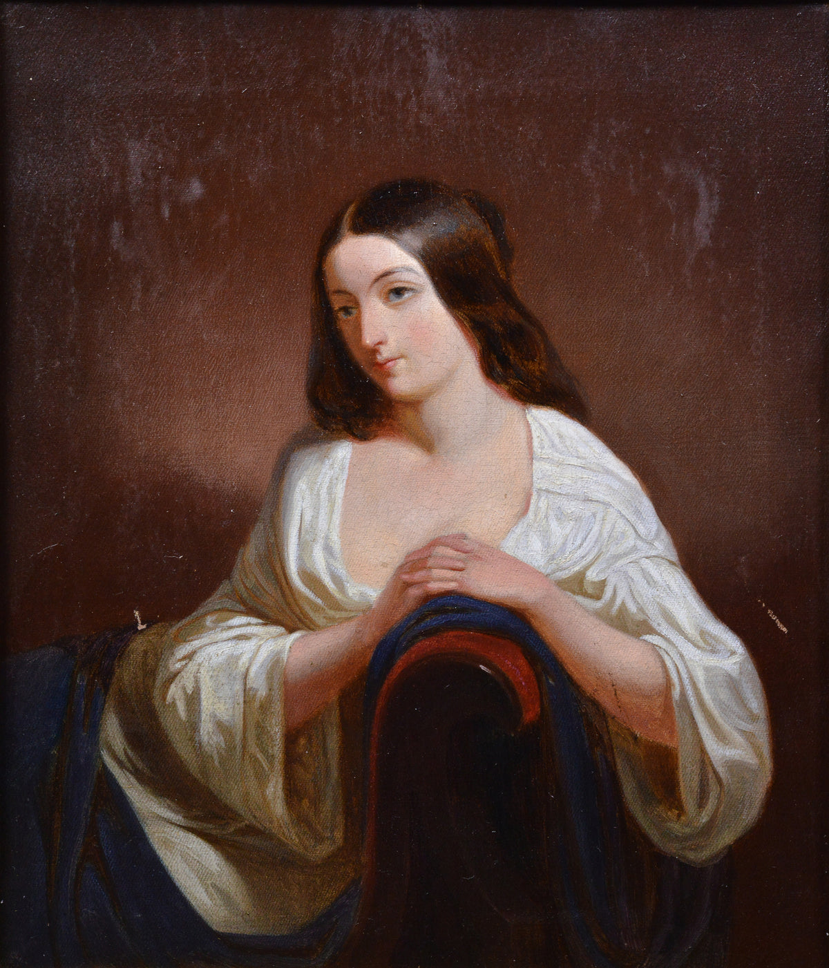 19th Century Neoclassical Oil Painting Romantic Portrait Lady Leaning on Sofa