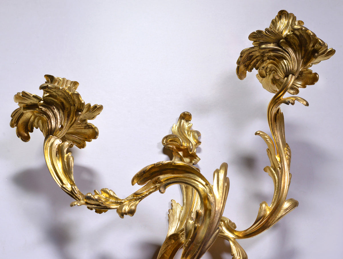 Pair 19th century Antique Gilt Bronze Sconces Louis XV Rococo Style