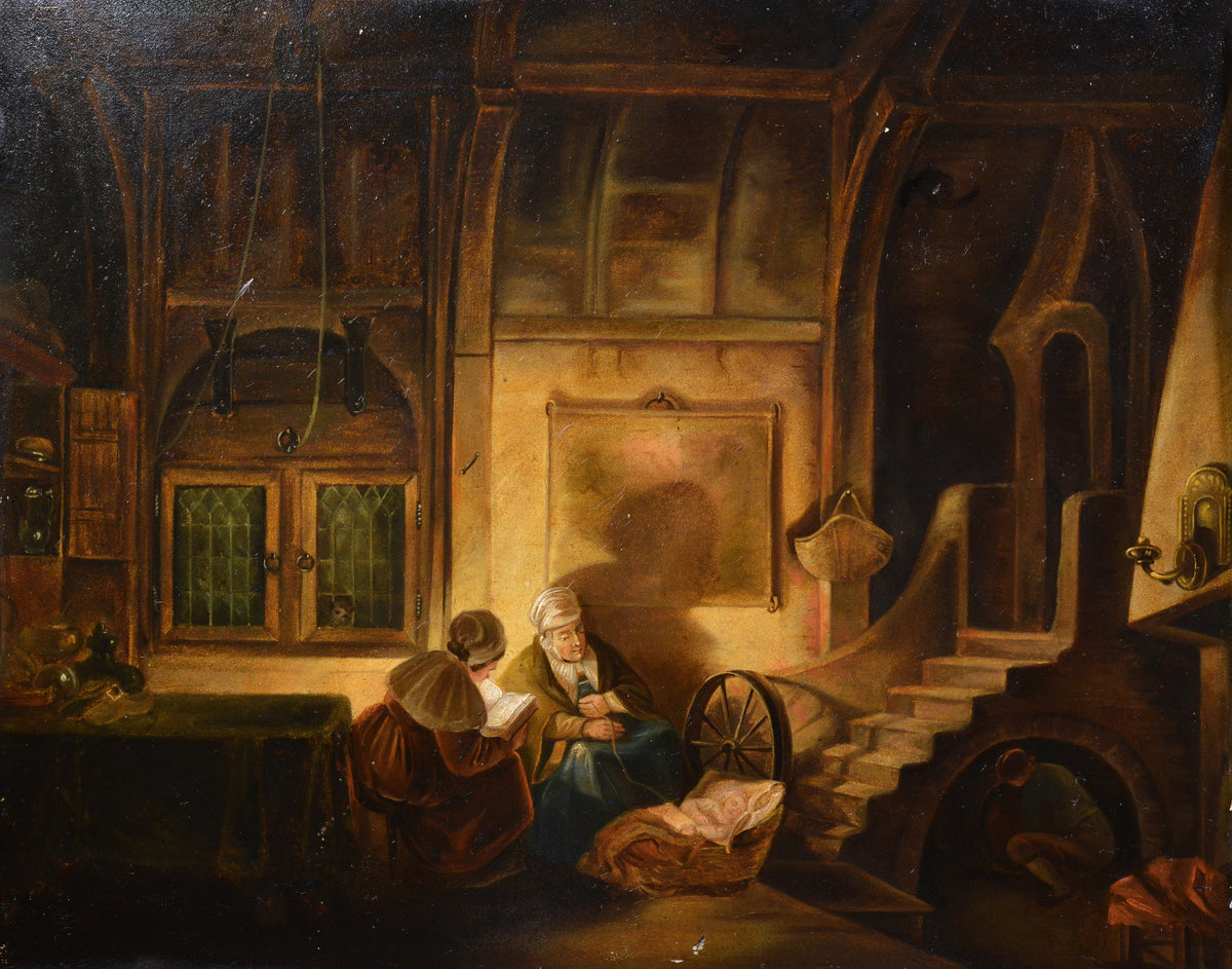 19th Century Oil Painting 17th C Interior Genre Scene Bedtime Story Gilt Framed