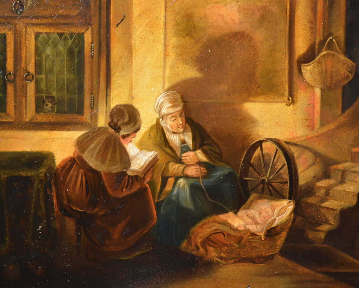 19th Century Oil Painting 17th C Interior Genre Scene Bedtime Story Gilt Framed