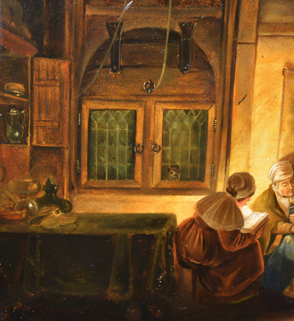 19th Century Oil Painting 17th C Interior Genre Scene Bedtime Story Gilt Framed
