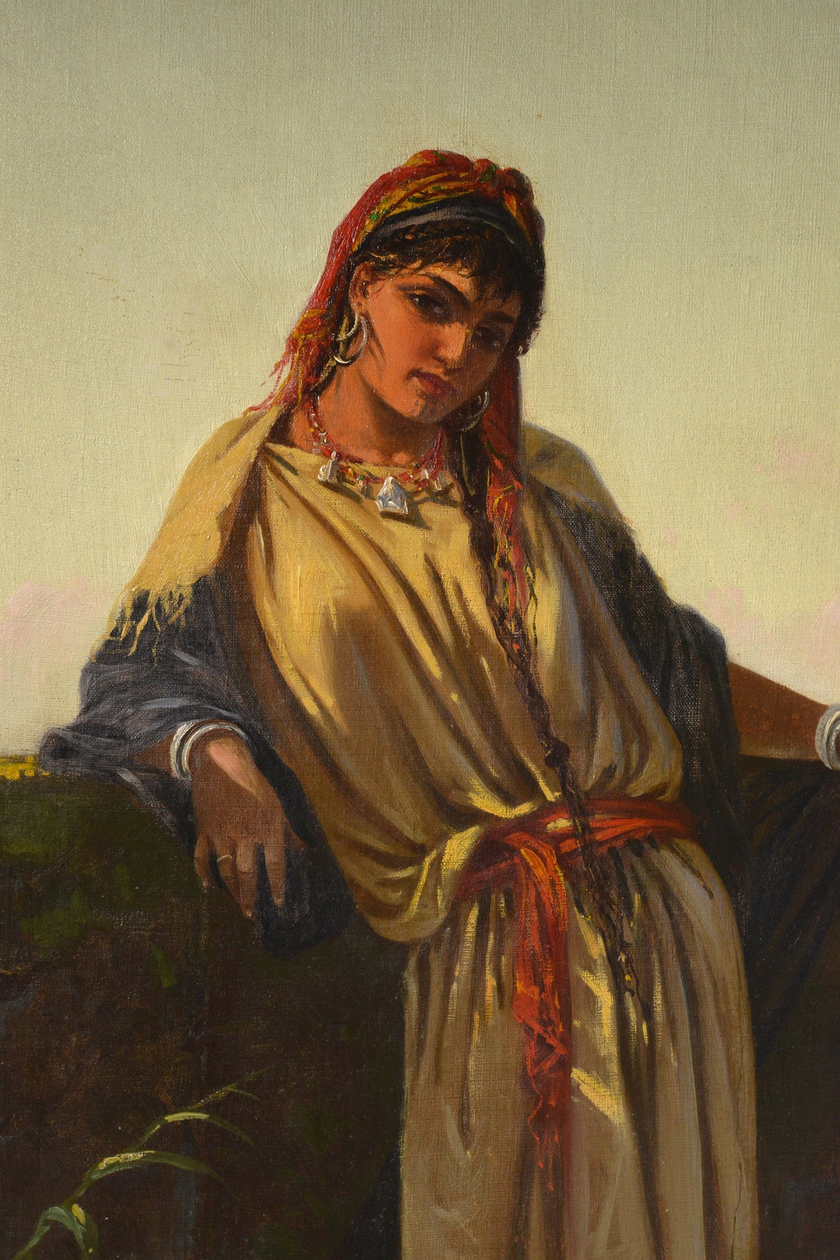 19th Century Italian Orientalist Antique Oil Painting Young Woman Well Sunse