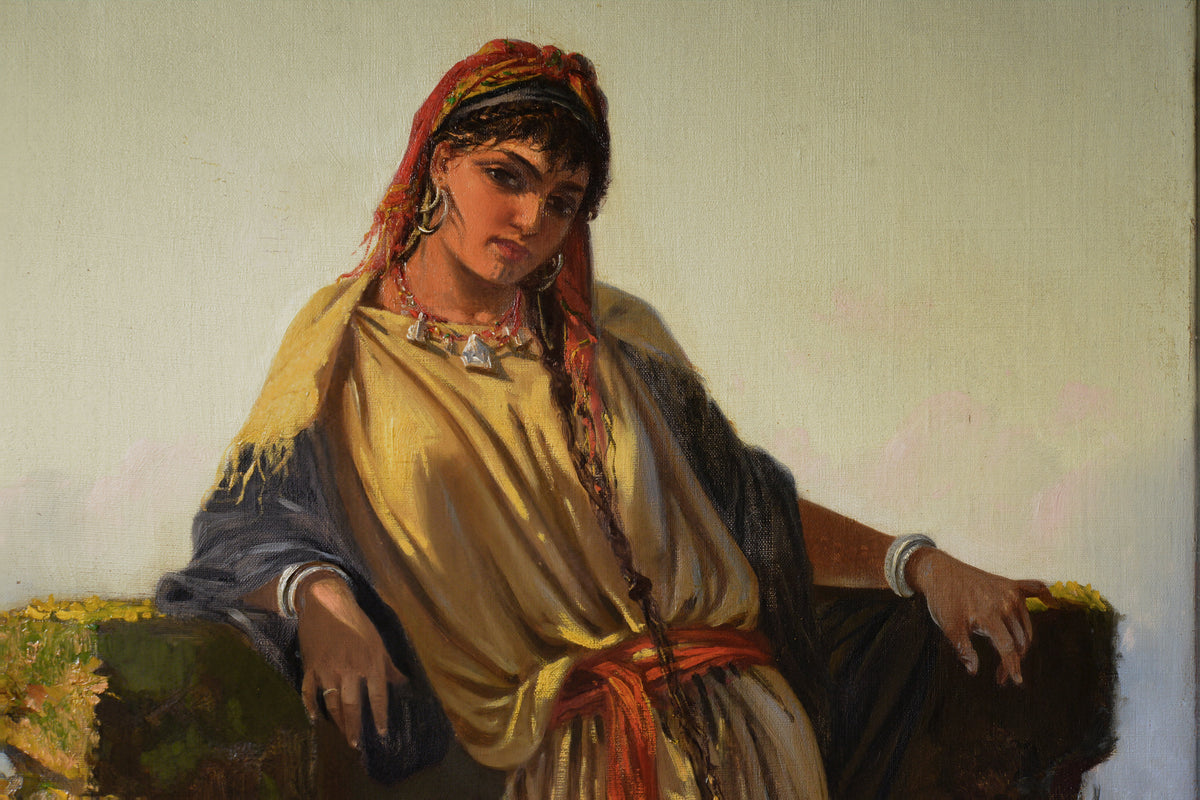 19th Century Italian Orientalist Antique Oil Painting Young Woman Well Sunse