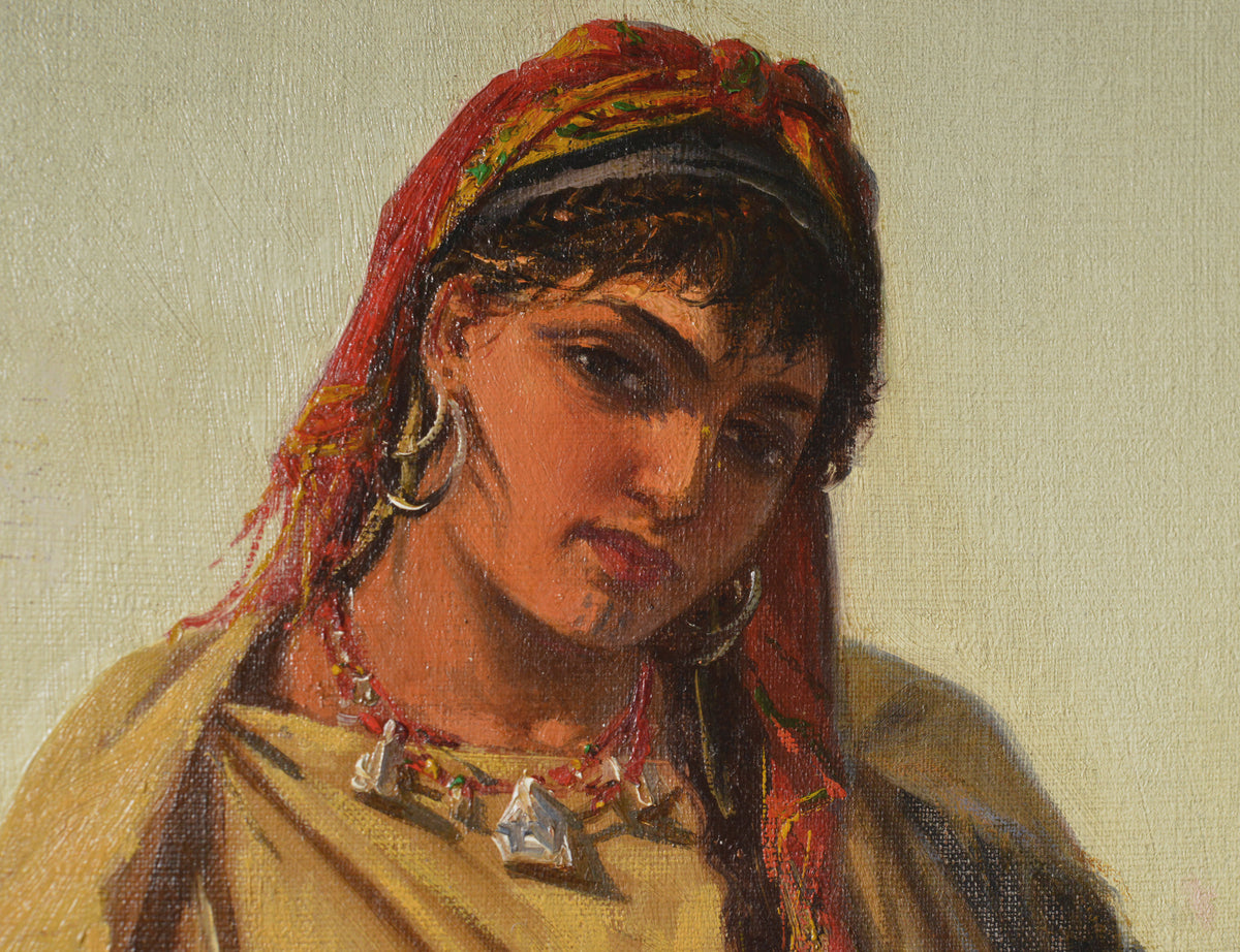 19th Century Italian Orientalist Antique Oil Painting Young Woman Well Sunse
