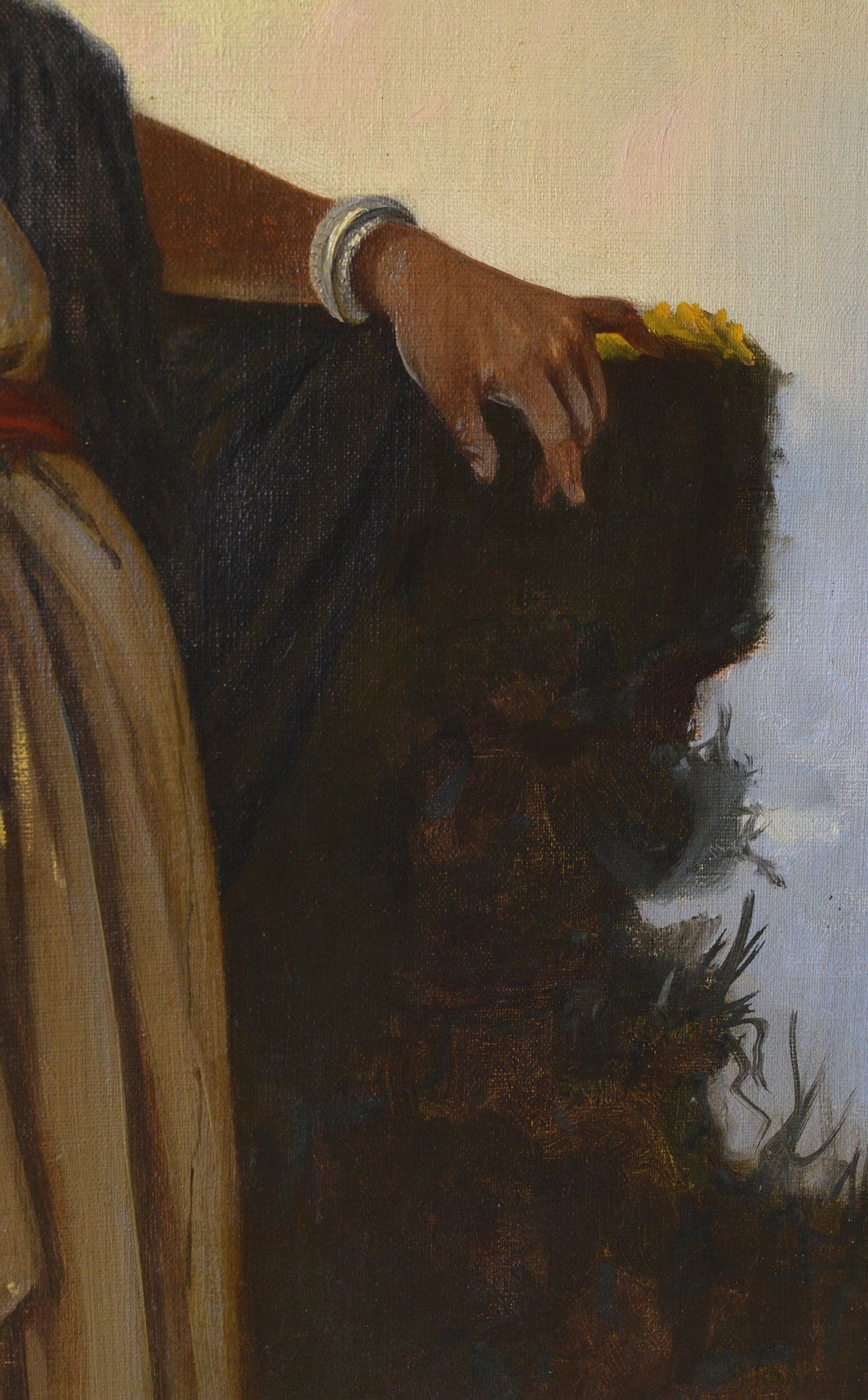 19th Century Italian Orientalist Antique Oil Painting Young Woman Well Sunse