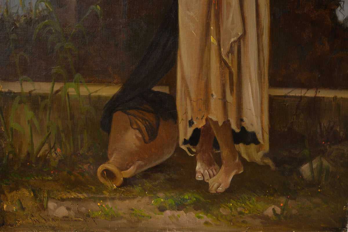 19th Century Italian Orientalist Antique Oil Painting Young Woman Well Sunse