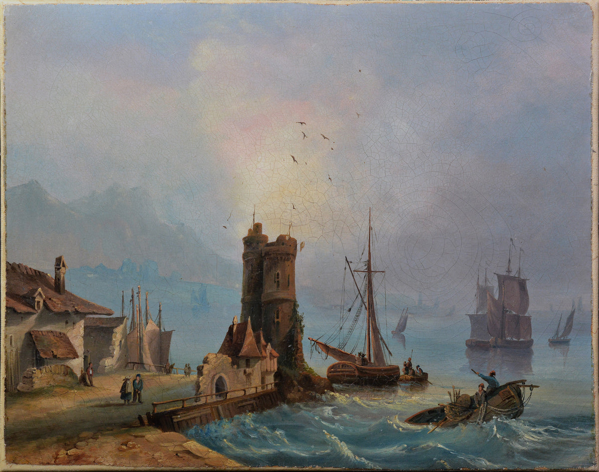 18th Century Antique Oil Painting Coastal Harbor Scene with Towers Old Master