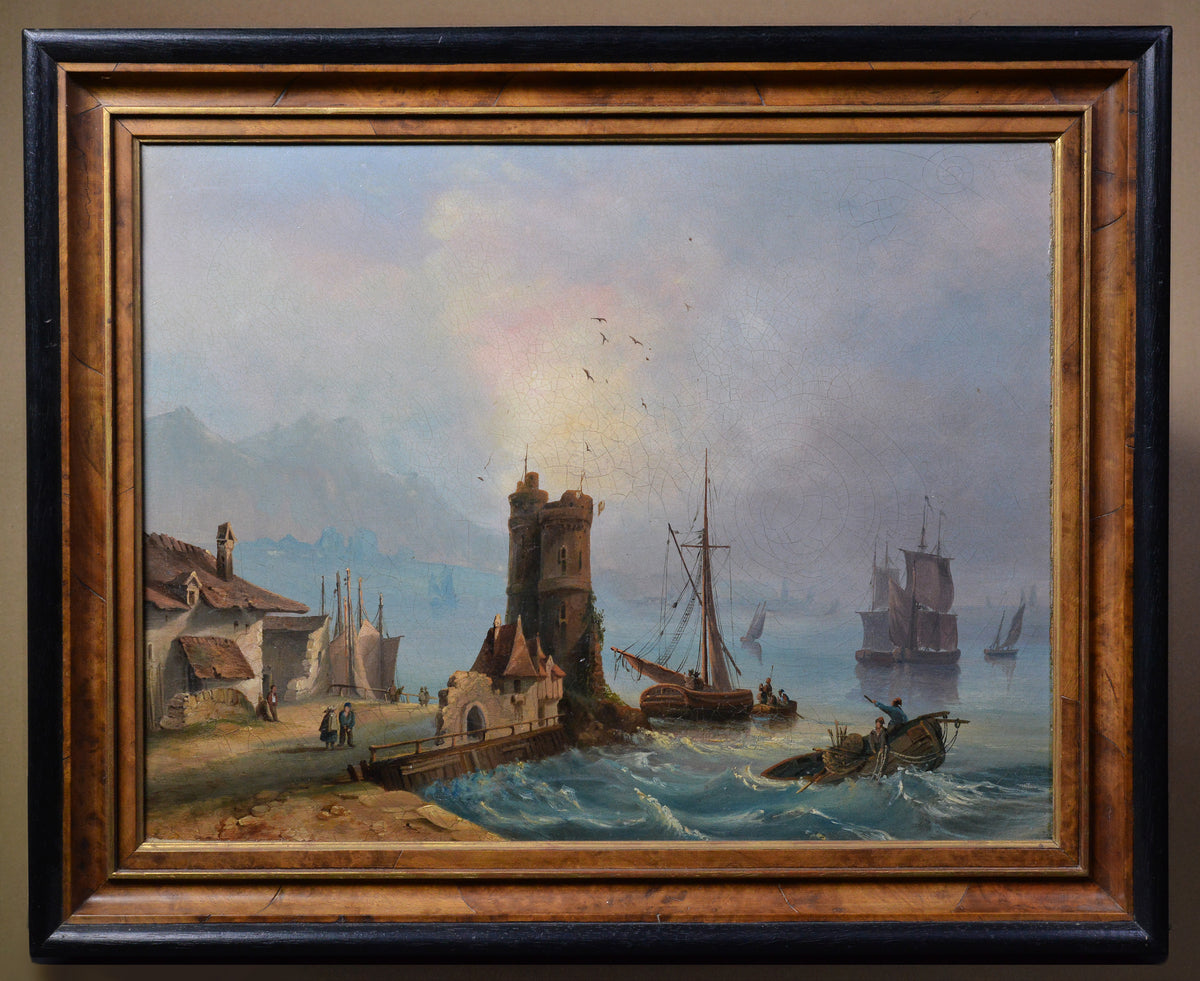 18th Century Antique Oil Painting Coastal Harbor Scene with Towers Old Master