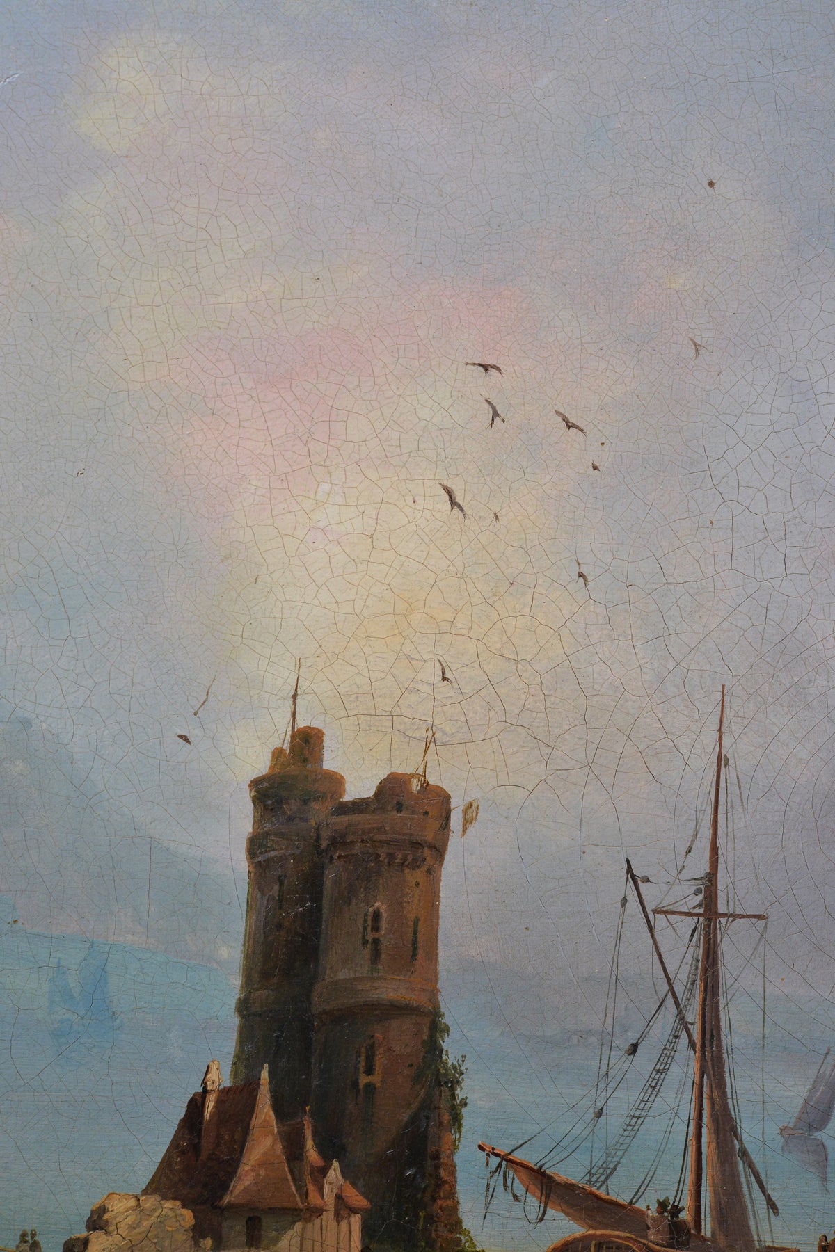 18th Century Antique Oil Painting Coastal Harbor Scene with Towers Old Master