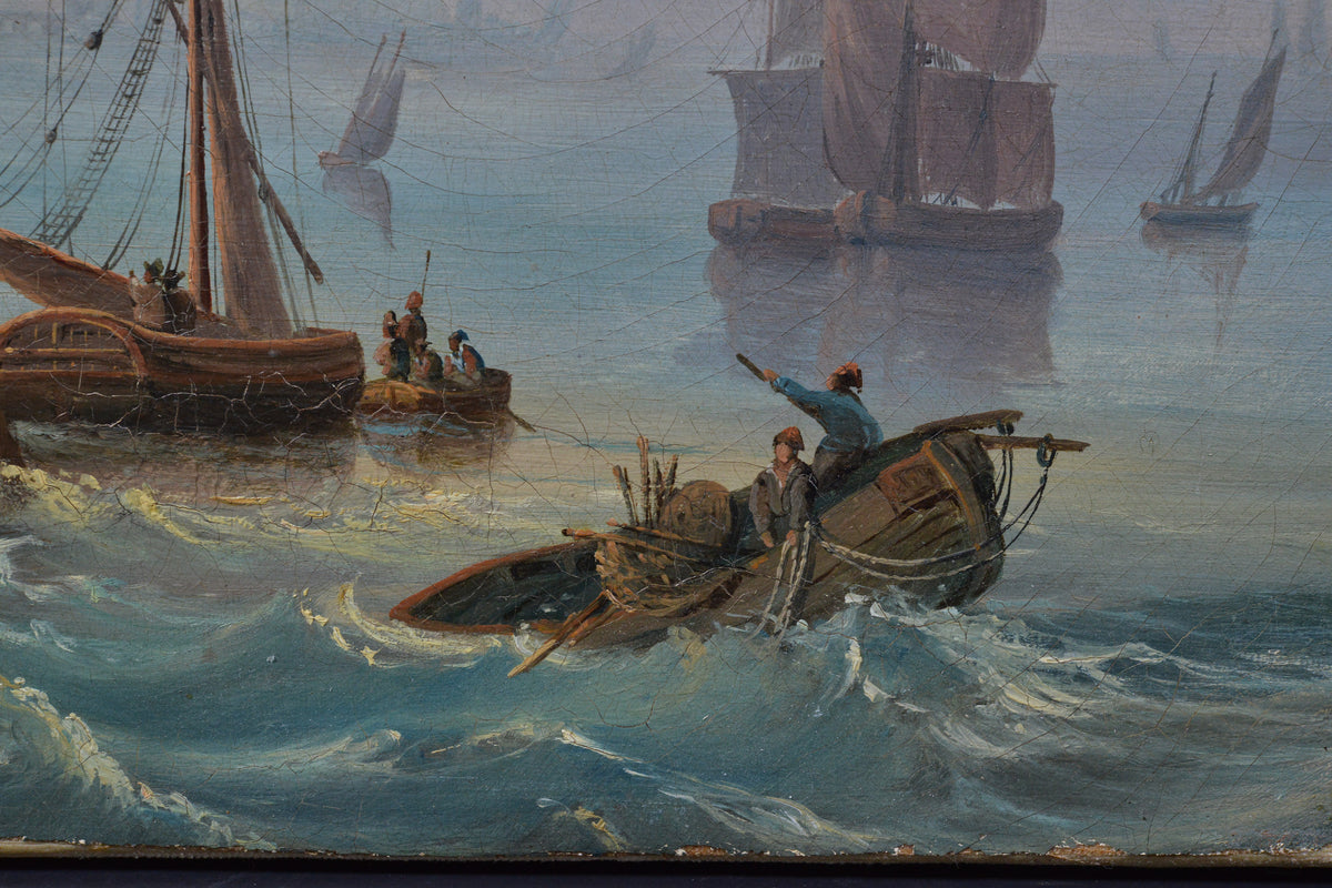 18th Century Antique Oil Painting Coastal Harbor Scene with Towers Old Master