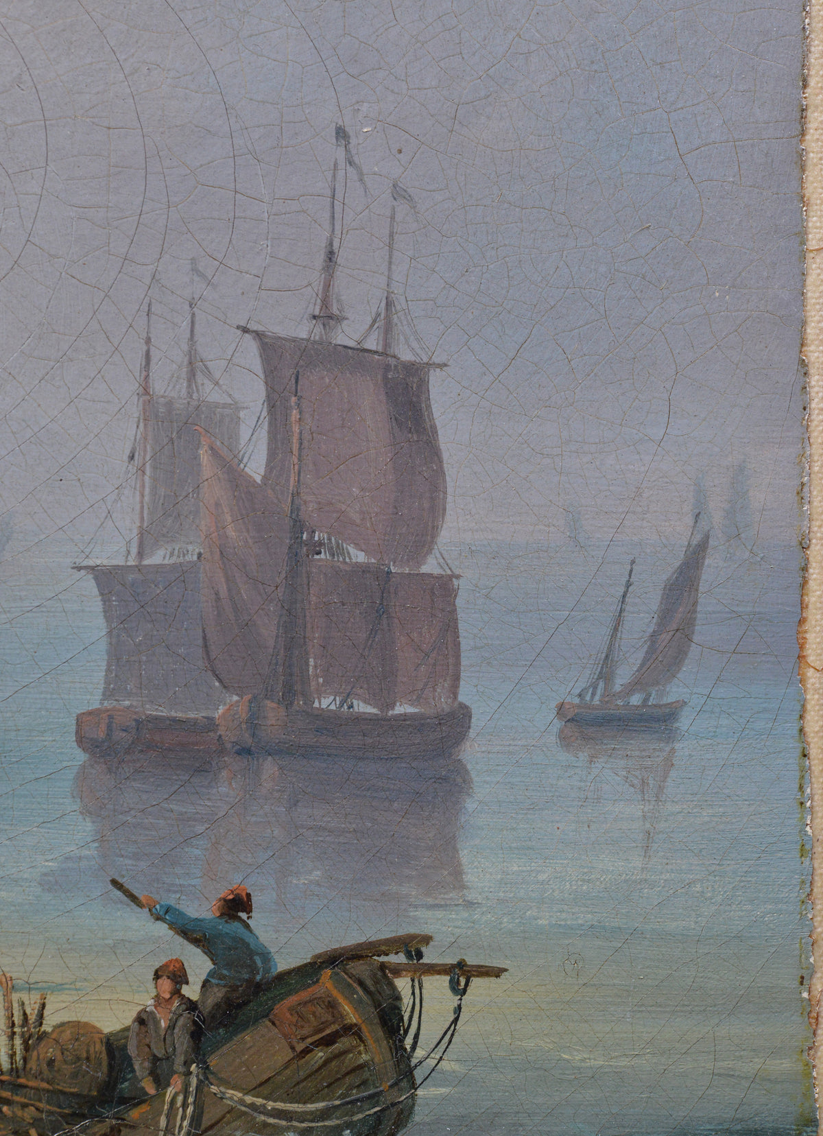 18th Century Antique Oil Painting Coastal Harbor Scene with Towers Old Master