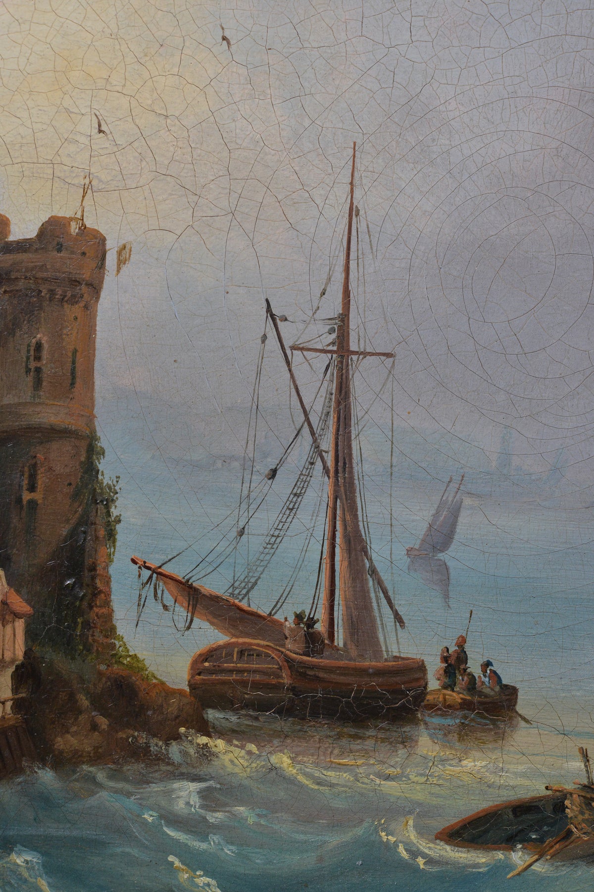 18th Century Antique Oil Painting Coastal Harbor Scene with Towers Old Master