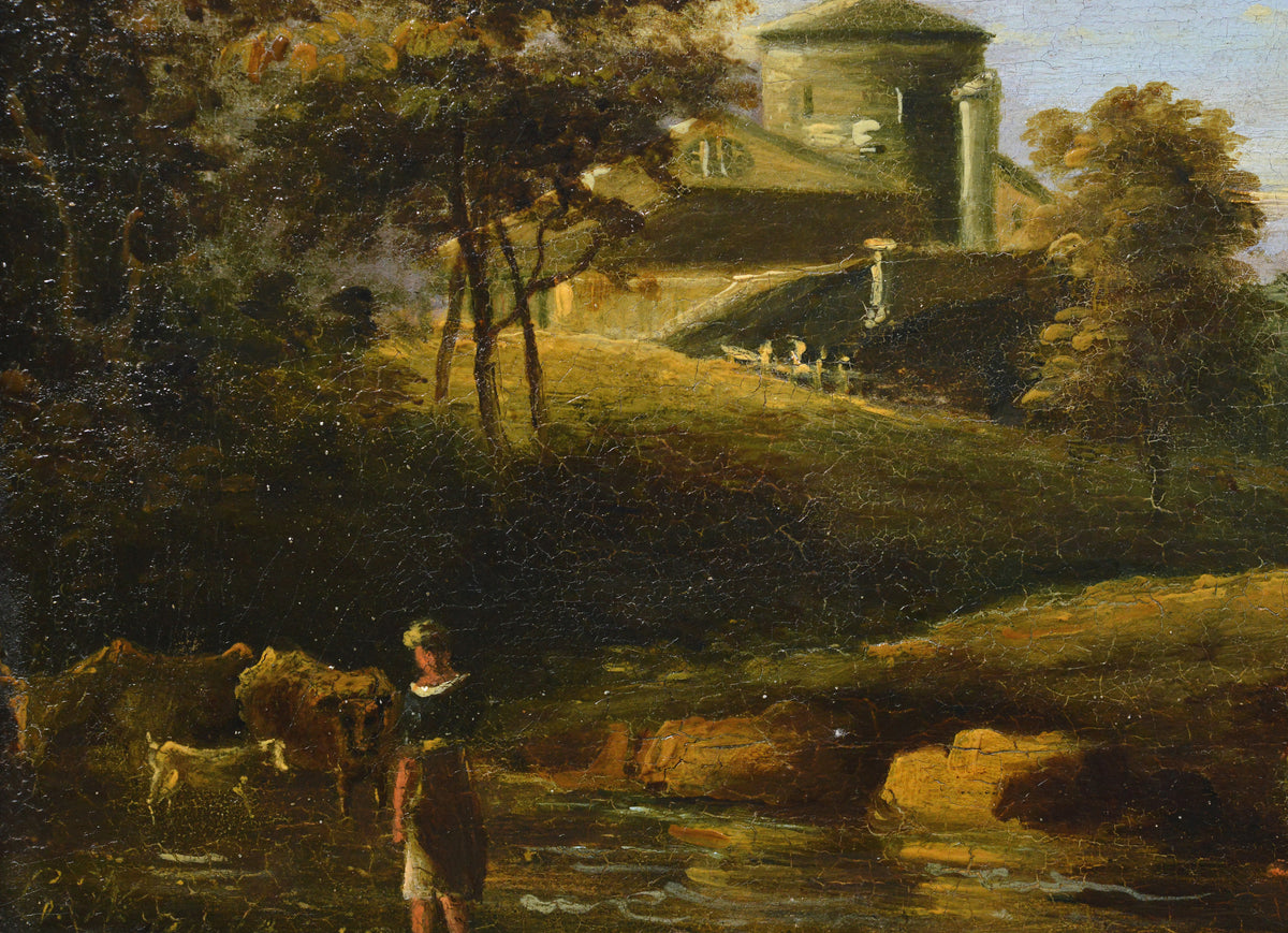 Antique 19th Century Pastoral Landscape Oil on Canvas Old Master Style Signed
