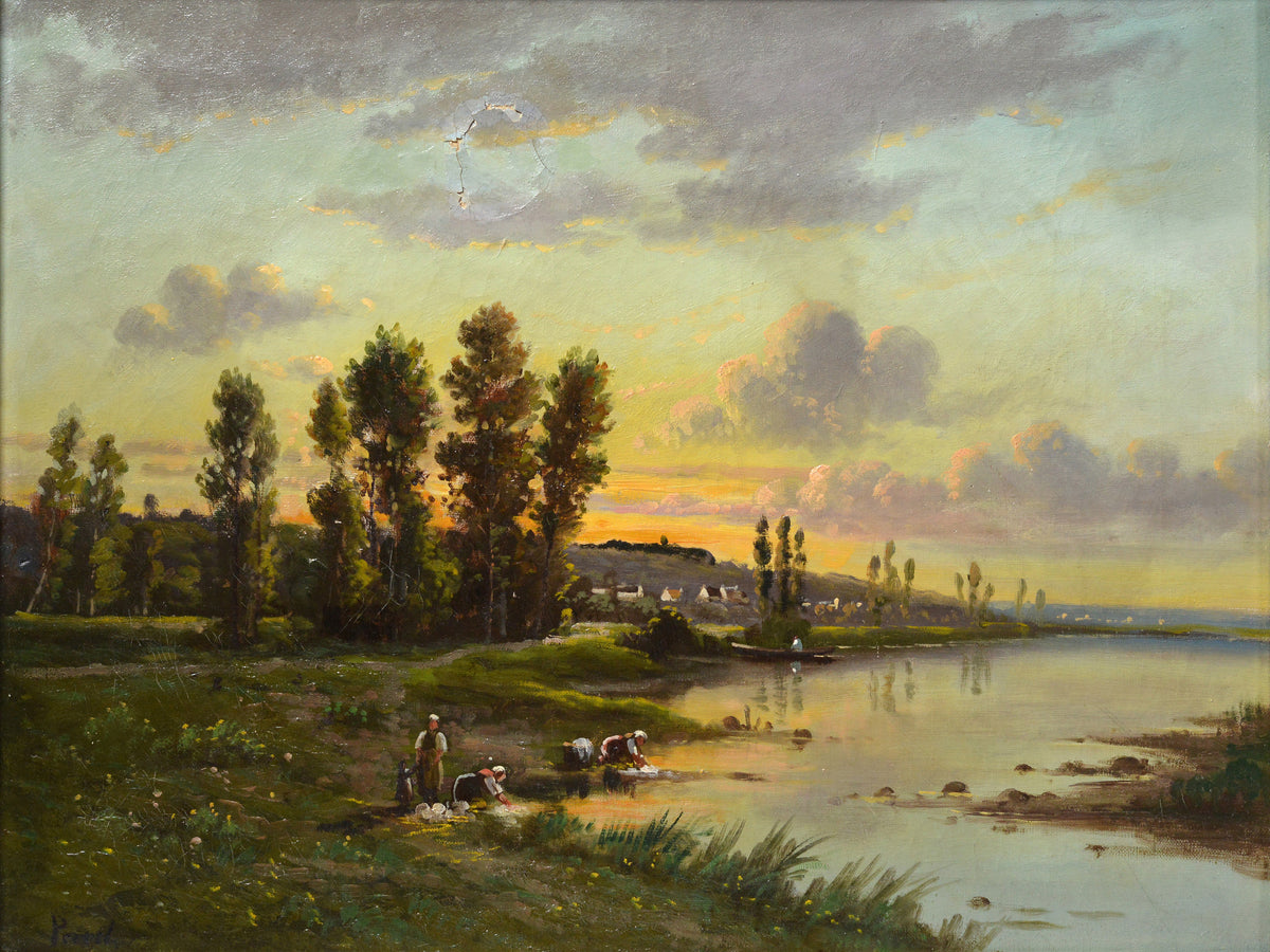 French Barbizon School Oil Painting Signed Laundresses at Sunset 19th Century