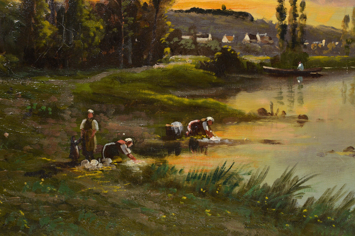 French Barbizon School Oil Painting Signed Laundresses at Sunset 19th Century