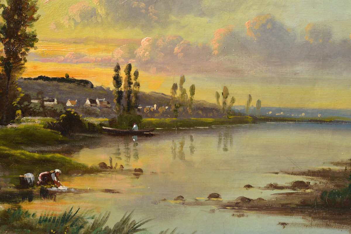 French Barbizon School Oil Painting Signed Laundresses at Sunset 19th Century