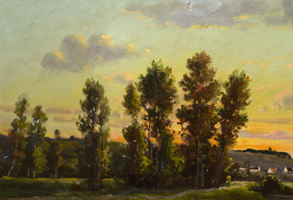 French Barbizon School Oil Painting Signed Laundresses at Sunset 19th Century