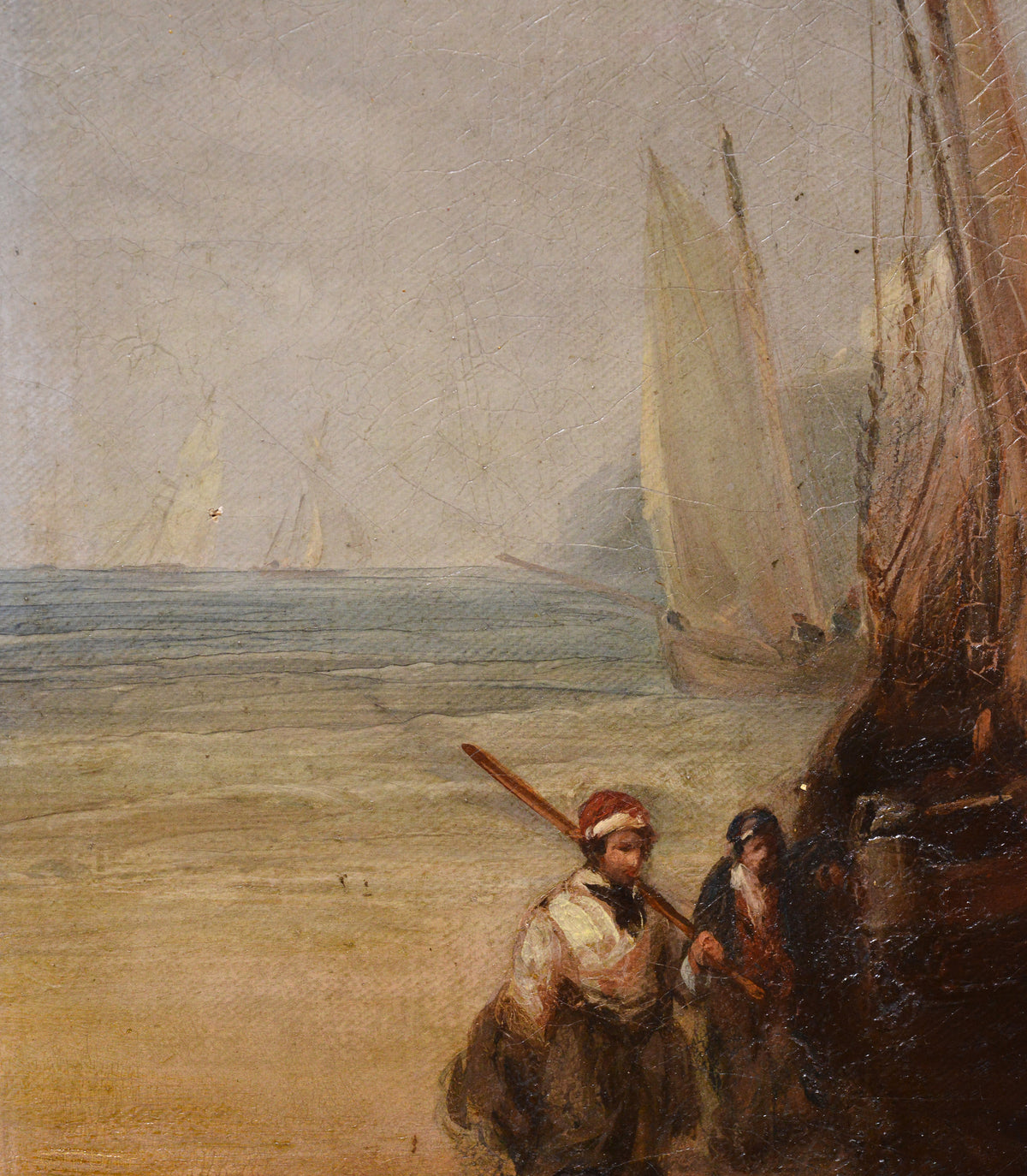 19th Century Oil Painting Sussex Coast Fishermen Returning Maritime Scene