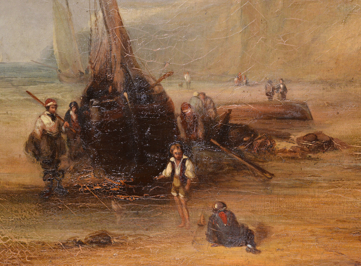 19th Century Oil Painting Sussex Coast Fishermen Returning Maritime Scene
