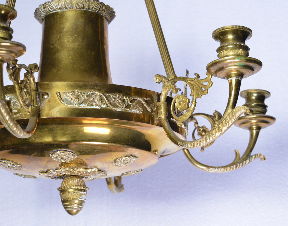 Antique 19th Century Empire Gilt Bronze Six Light Chandelier Floral Decoration