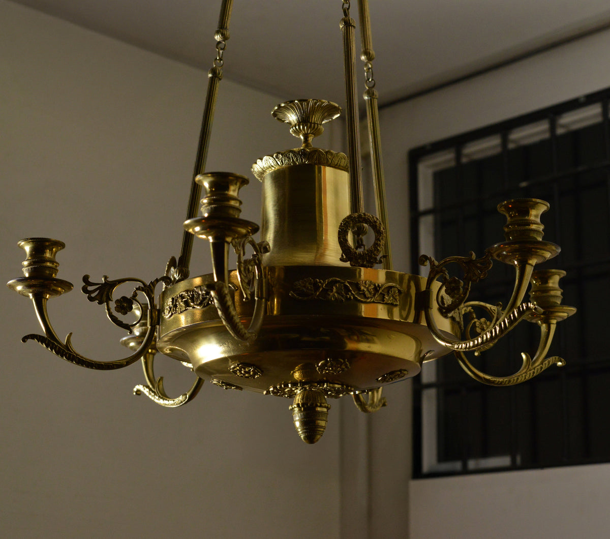 Antique 19th Century Empire Gilt Bronze Six Light Chandelier Floral Decoration