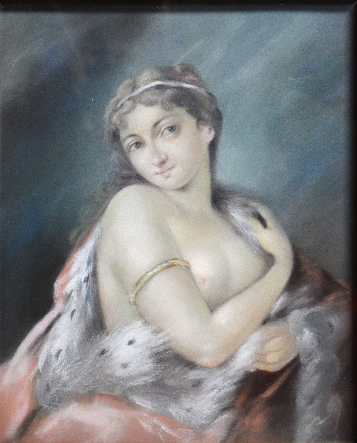 Rococo portrait Nude lady in Royal mantle Early 20th century Pastel drawing