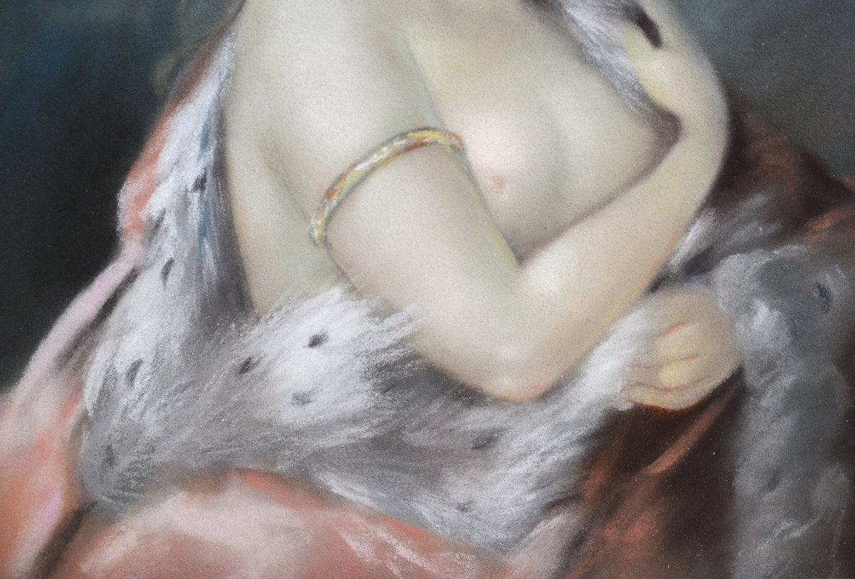 Rococo portrait Nude lady in Royal mantle Early 20th century Pastel drawing