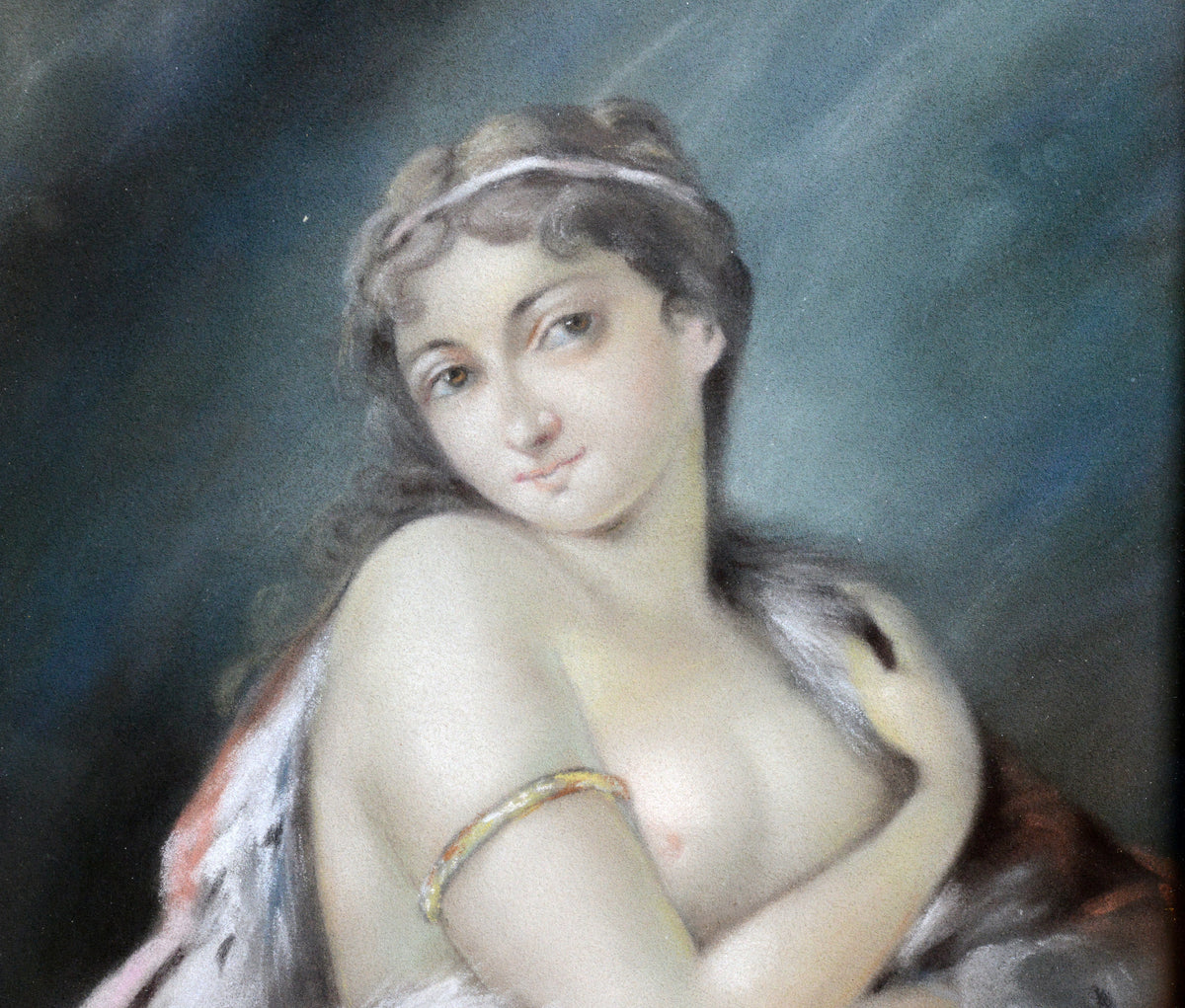 Rococo portrait Nude lady in Royal mantle Early 20th century Pastel drawing