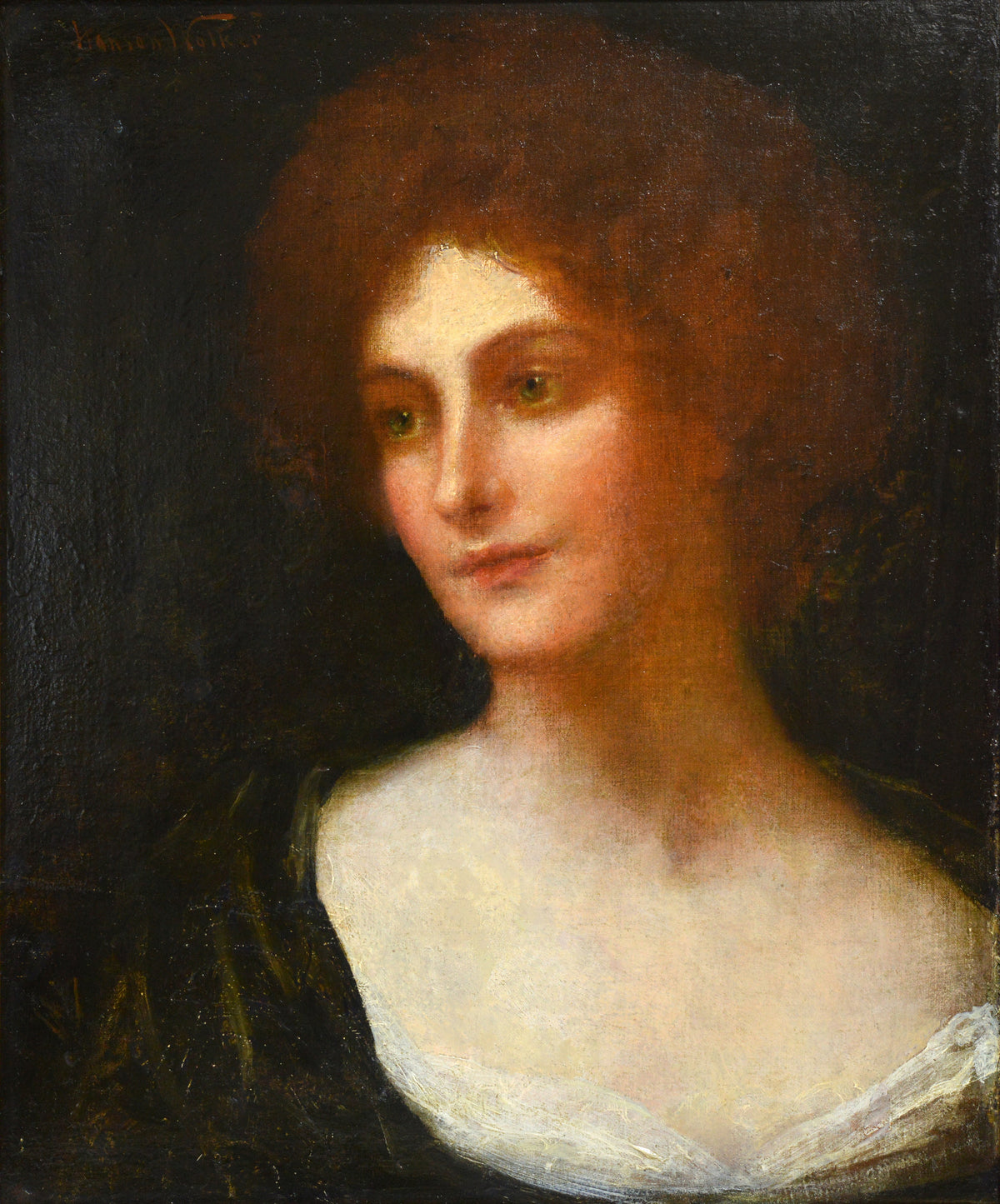 Portrait of Redhaired Lady with Emerald Eyes 19th century Oil Painting by Walker