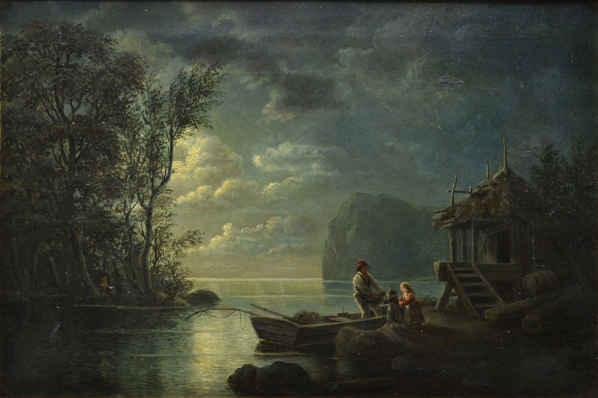 Antique 19th Century Romantic Moonlit Landscape Fisherman's Return Gold Frame