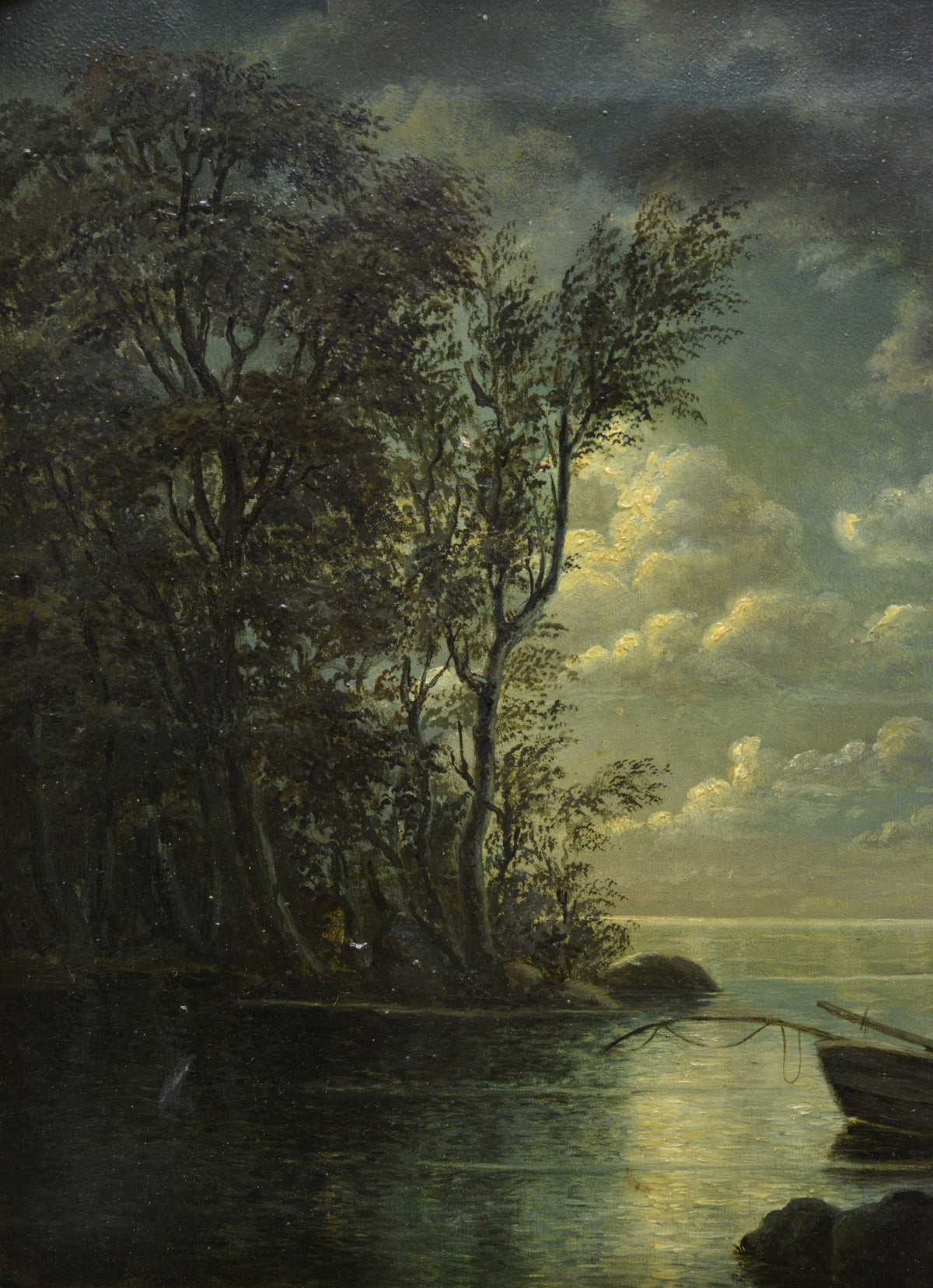 Antique 19th Century Romantic Moonlit Landscape Fisherman's Return Gold Frame