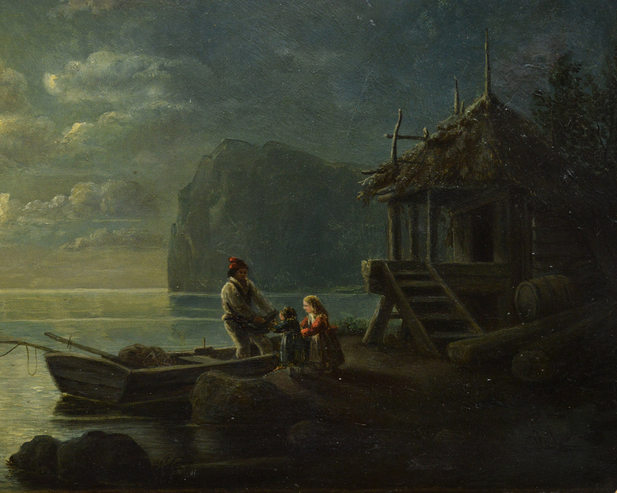Antique 19th Century Romantic Moonlit Landscape Fisherman's Return Gold Frame