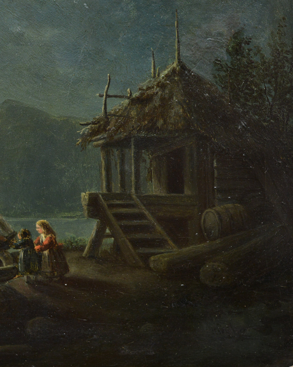 Antique 19th Century Romantic Moonlit Landscape Fisherman's Return Gold Frame