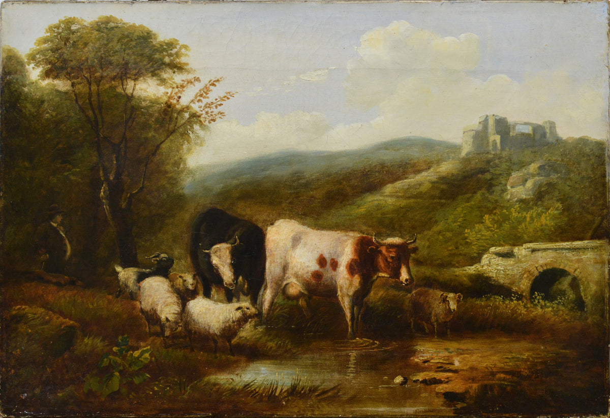 After Eugene Verboeckhoven Antique Belgian Pastoral Oil Painting Passing Brook