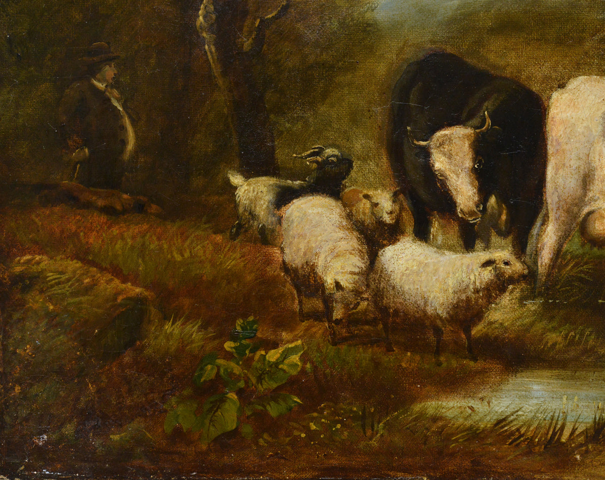 After Eugene Verboeckhoven Antique Belgian Pastoral Oil Painting Passing Brook