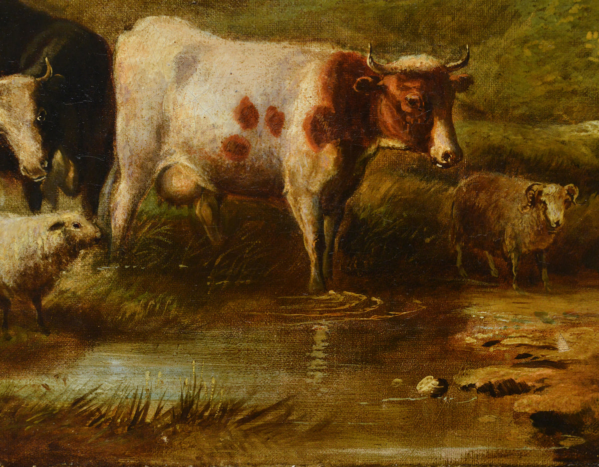 After Eugene Verboeckhoven Antique Belgian Pastoral Oil Painting Passing Brook