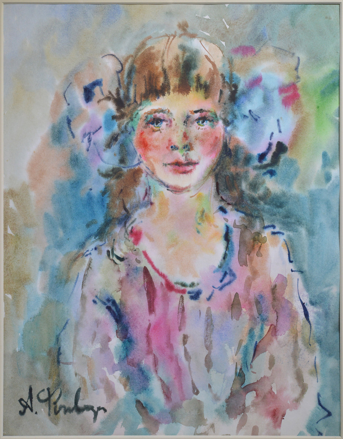 Russian Portrait Flushed girl w Big bows 20th century Watercolor by Fonvizin