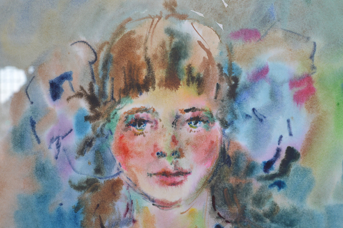 Russian Portrait Flushed girl w Big bows 20th century Watercolor by Fonvizin