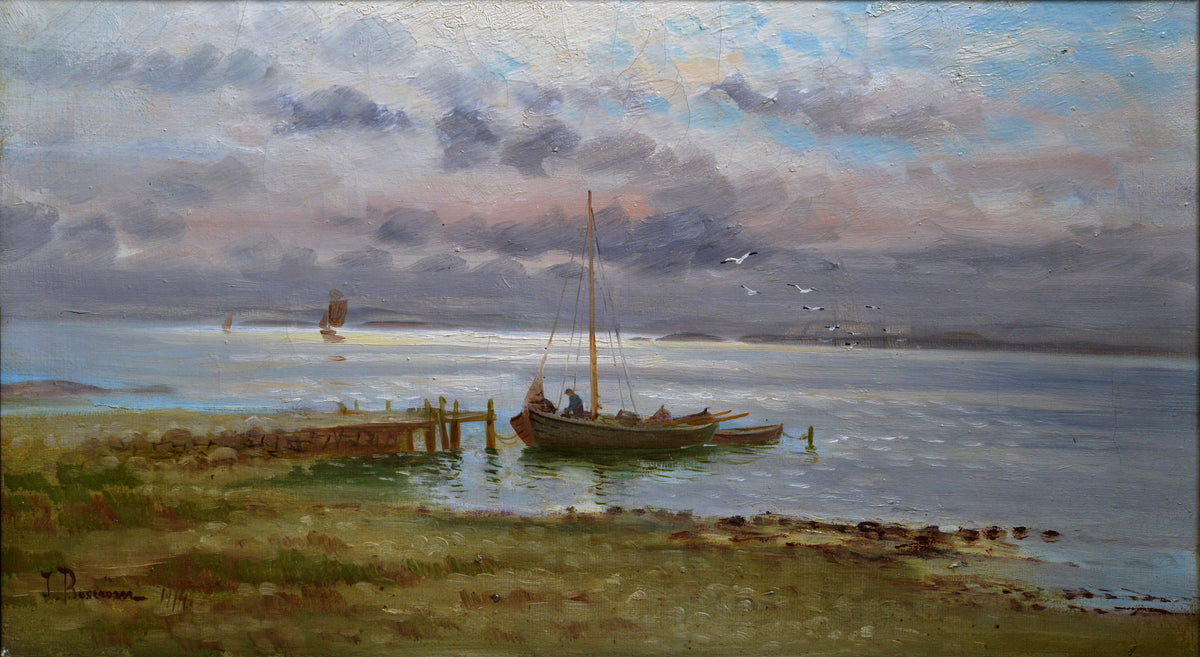 Swedish Seascape Return of Fisherman early 20th century Oil painting Signed