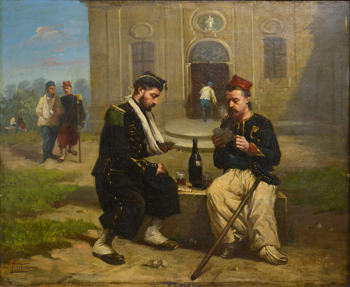 French Genre scene Little joys in a military hospital 19th century Oil painting