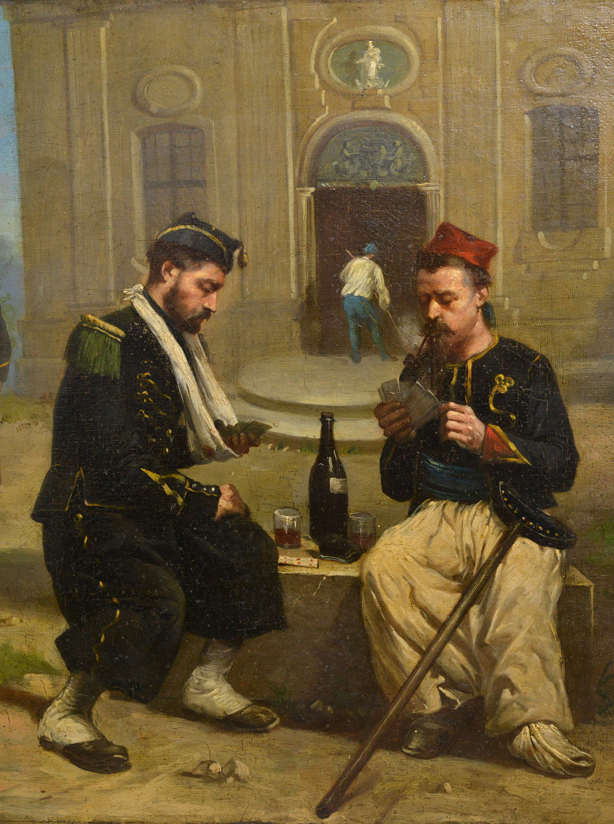 French Genre scene Little joys in a military hospital 19th century Oil painting