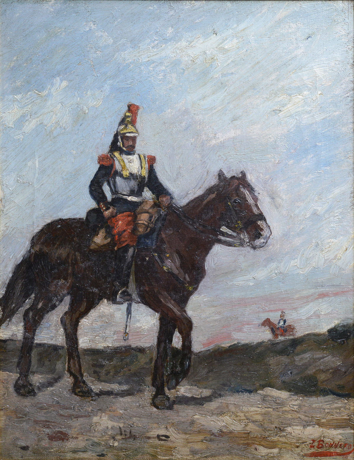 French Cuirassier on Mounted Patrol 19th Century Oil Painting by Bonnefoy