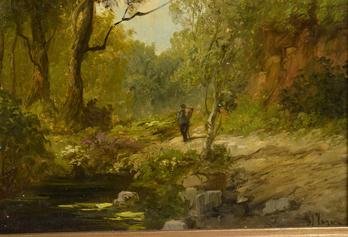 Landscape Forest scene Early 20th Century Antique Oil Painting Signed Framed