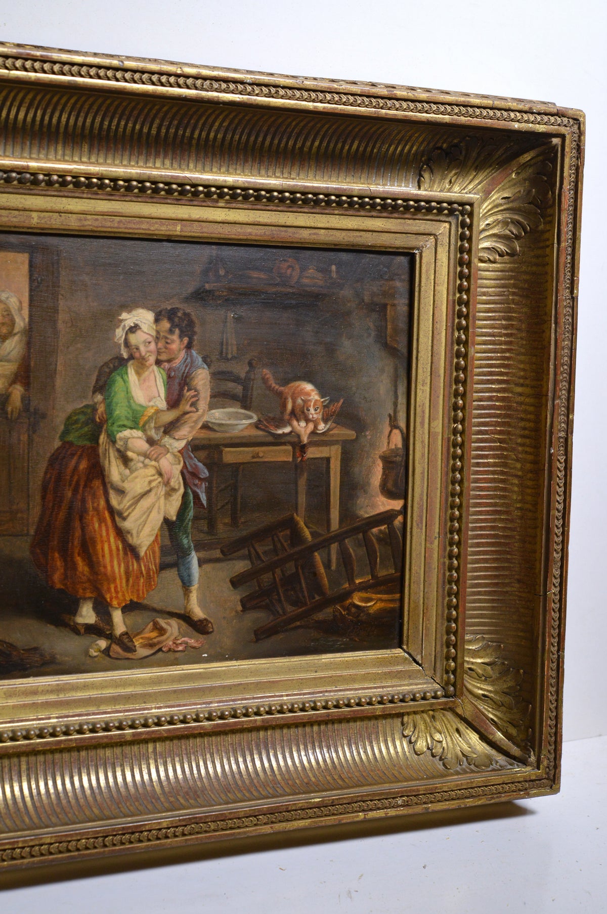 French Genre scene Temptation at kitchen 19th century Oil painting Signed Framed