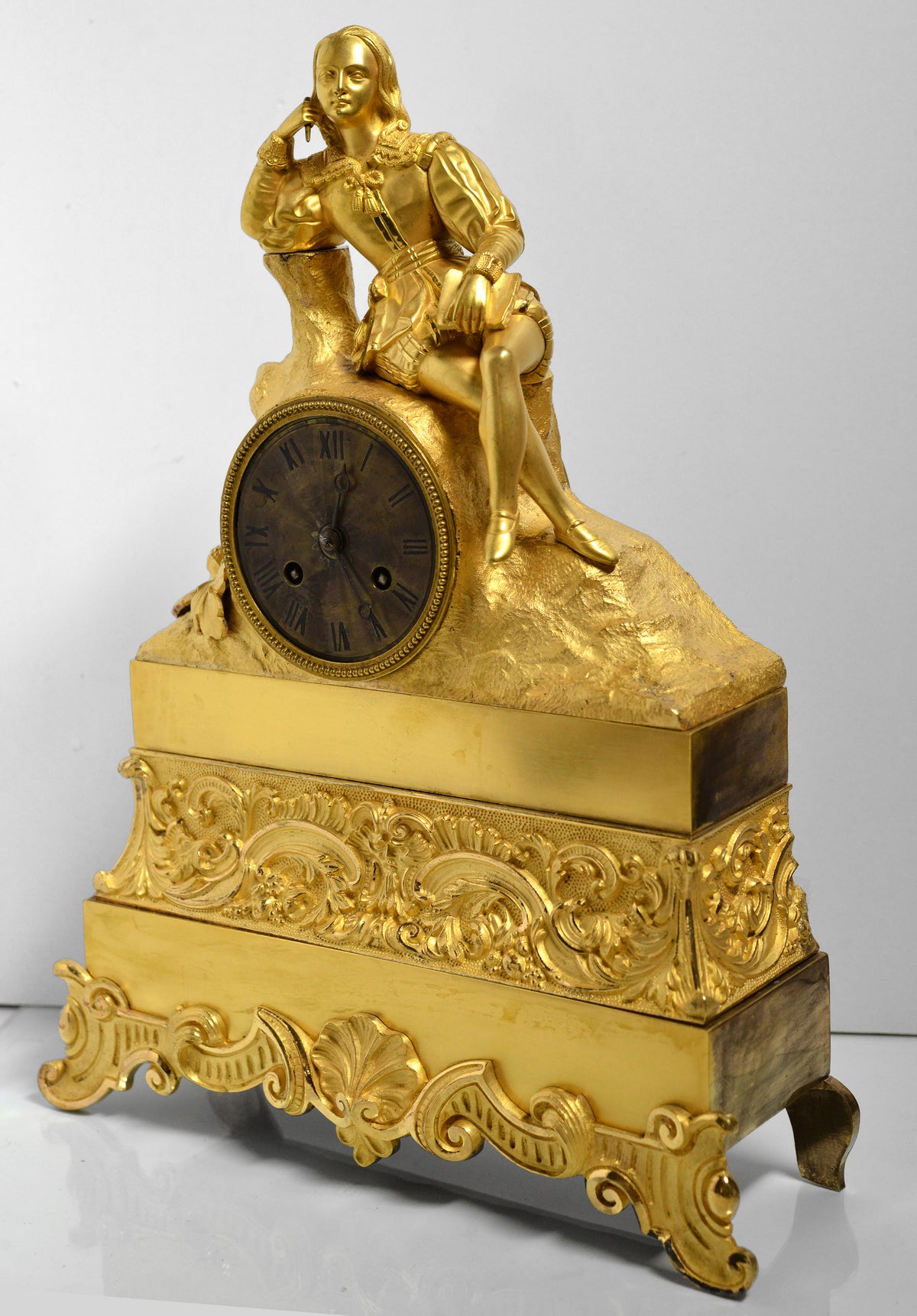 French Gilt Bronze Figural Antique Clock w Renaissance Poet early 19th century