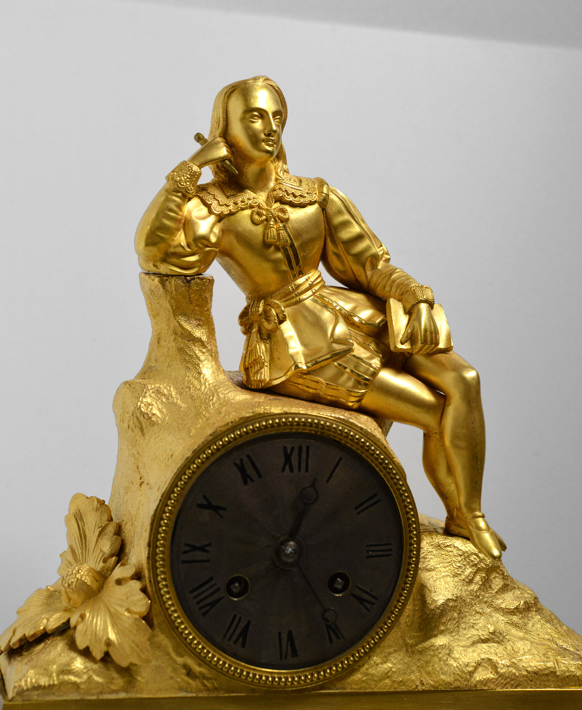 French Gilt Bronze Figural Antique Clock w Renaissance Poet early 19th century