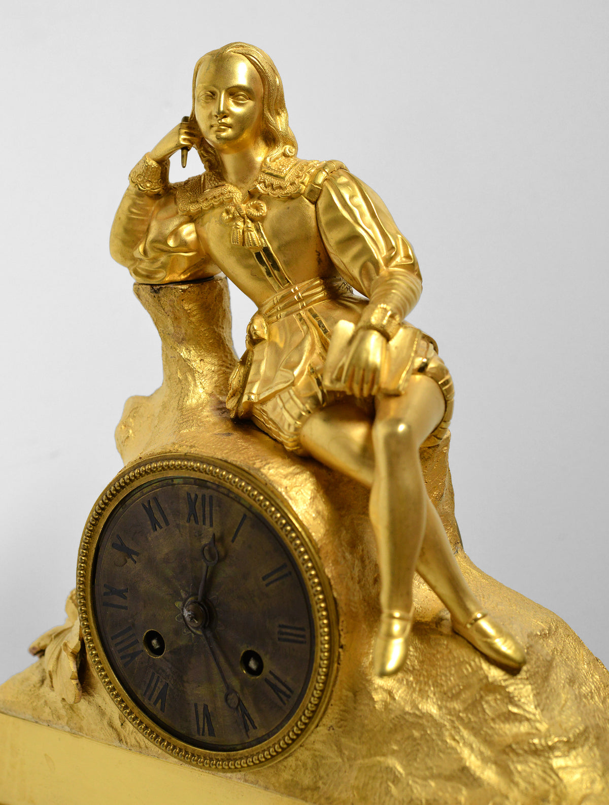 French Gilt Bronze Figural Antique Clock w Renaissance Poet early 19th century