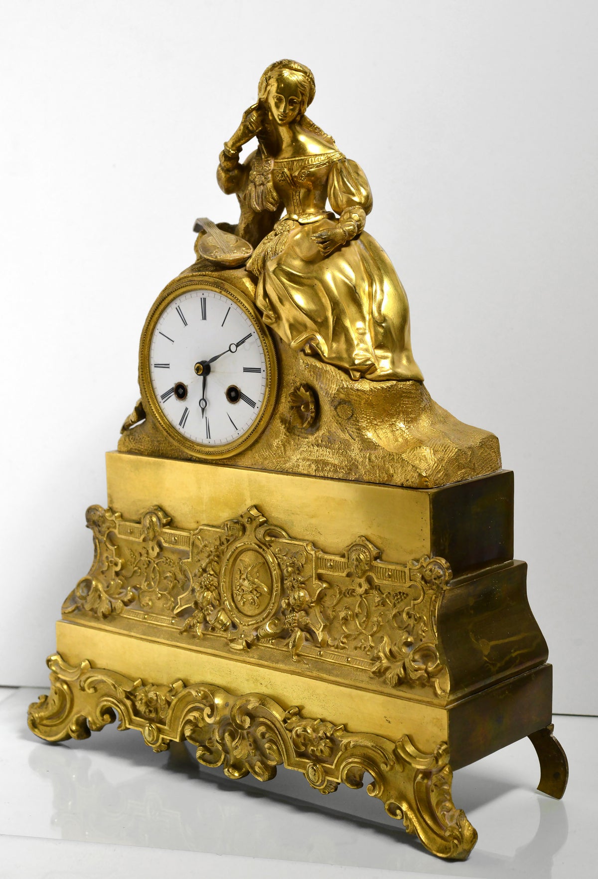 Italian Girl with Mandolin French Gilt Bronze Figural Clock 19th century