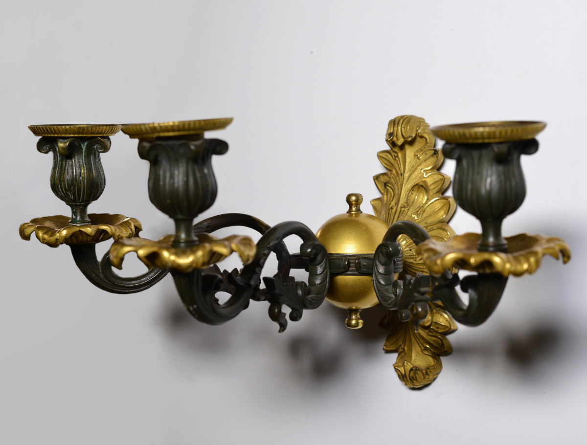 Pair Antique Neoclassical Gilt Bronze w Patina Sconces 3 light Wall Candelabra