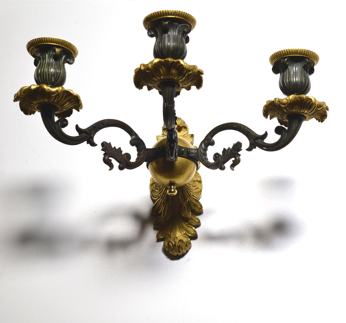 Pair Antique Neoclassical Gilt Bronze w Patina Sconces 3 light Wall Candelabra